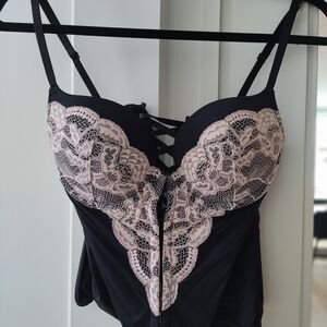 La SENZA Black and Blush Lace Bustier Bodysuit